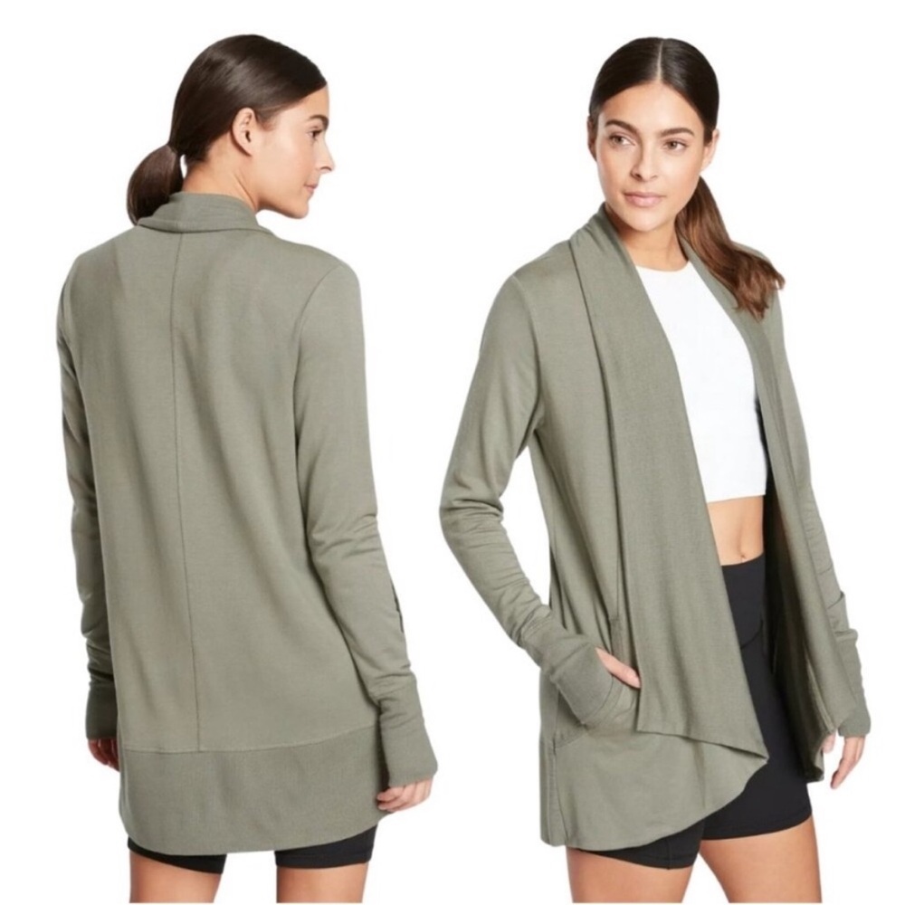 Athleta pranayama wrap oversized green sweater open cardigan pockets asymmetric